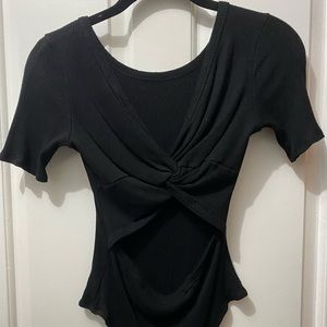 Lulus Black Ribbed Bodysuit w/ Open Cross-Tie Back. Very flattering & slimming!